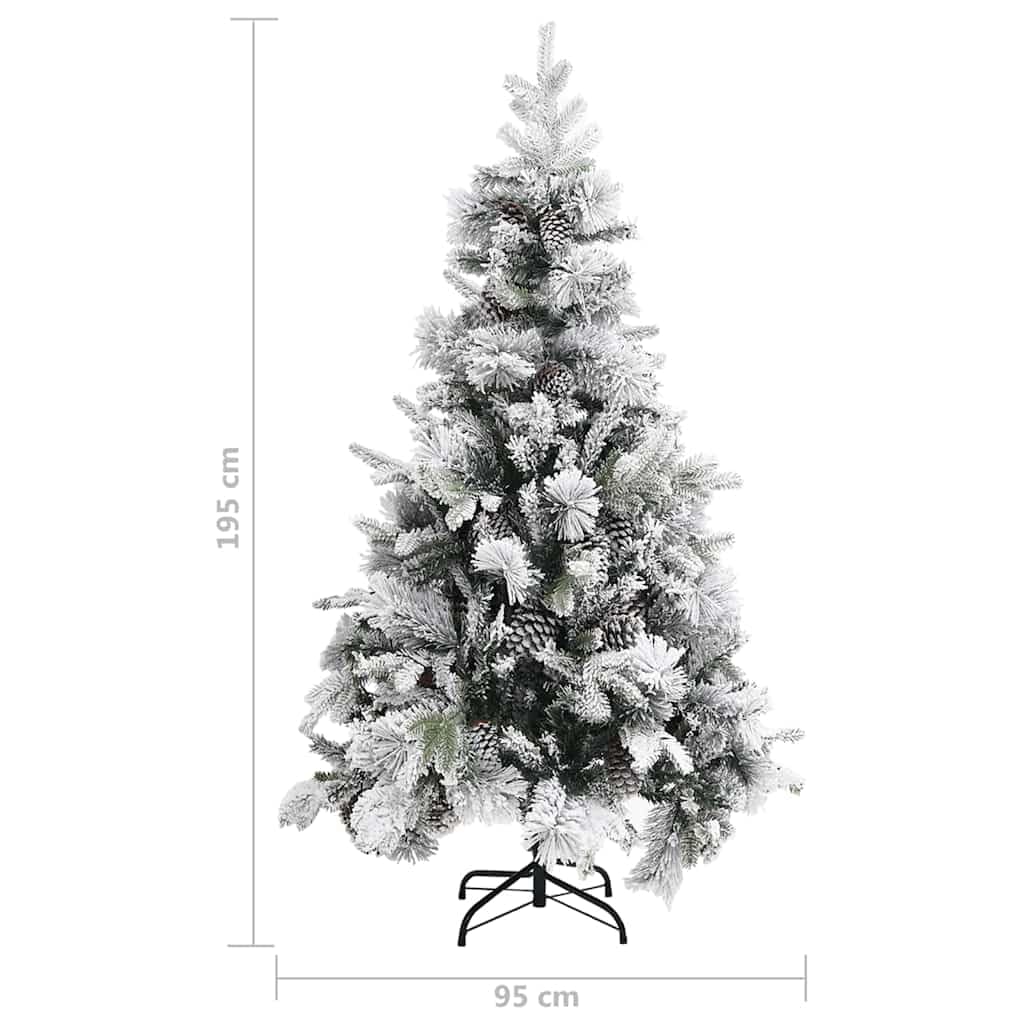 Weihnachtsbaum mit Zapfen 195 cm, künstlicher Tannenbaum aus PVC und PE, mit stabilem Stahlständer, klappbar, naturgetreu, platzsparend, mit Schnee und Deko für Wohnzimmer Advent Heiligabend