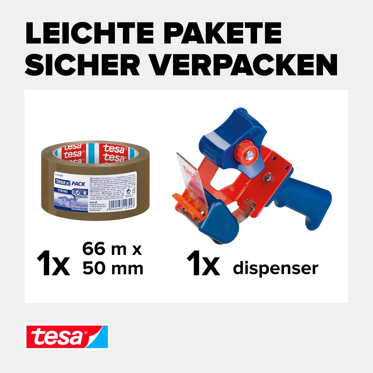 Tesa Pack Strong and Hand Dispenser in Set with 1 Roll of Low Noise Parcel Tape - Brown - 66 m x 50 mm