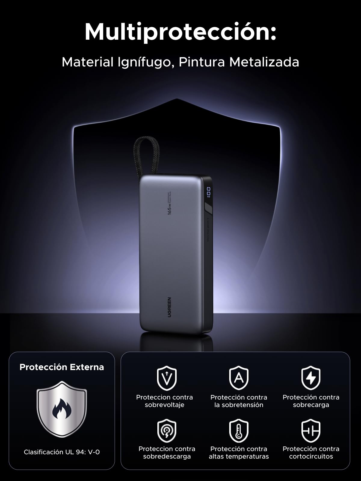 UGREEN Nexode 165W Power Bank 25000mAh Batería Externa Carga Rápida PD 140W | 4 EN 1, 2 Cables USB C, 2 Puertos 1C1A, Cargador Portátil PC, LED, Compatible con iPhone 17 16 15 Galaxy S26 S25 iPad MacBook
