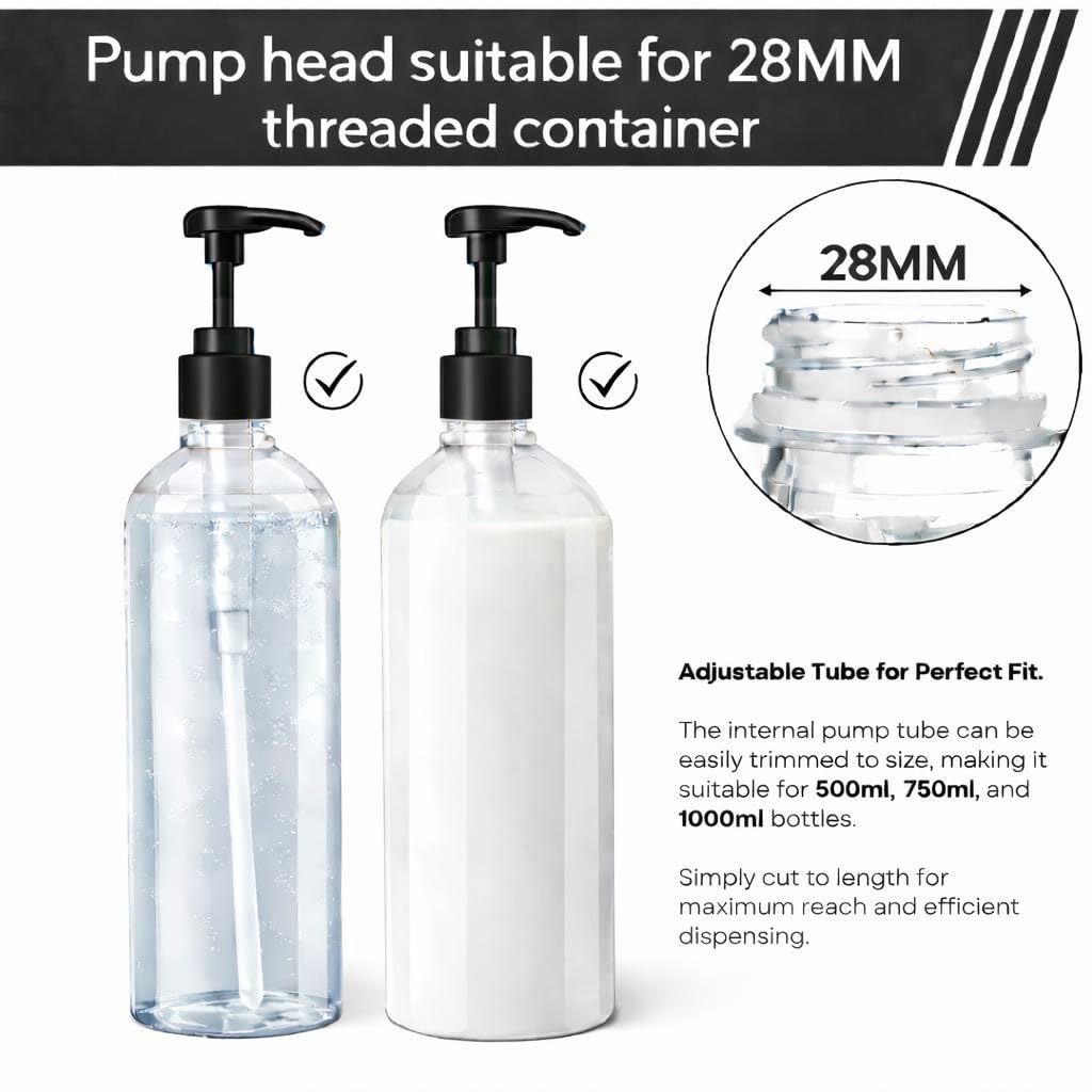 Dispenser universale a pompa, confezione da 2, si adatta alla maggior parte dei popolari shampoo, balsamo, dimensioni 1 litro, 1000 ml, 750 ml, 500 ml (nero)