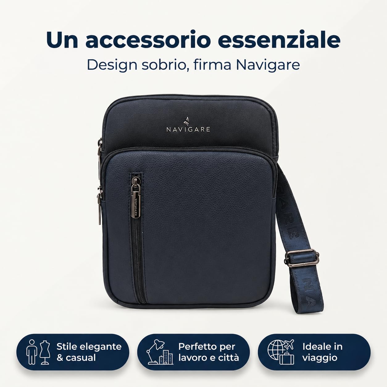 Navigare BORSELLO UOMO TRACOLLA – Borsello Uomo in Ecopelle con Tracolla Regolabile, 2 Tasche con Zip e Scomparti Interni, Stile Elegante e Casual per Lavoro, Viaggio e Tempo Libero