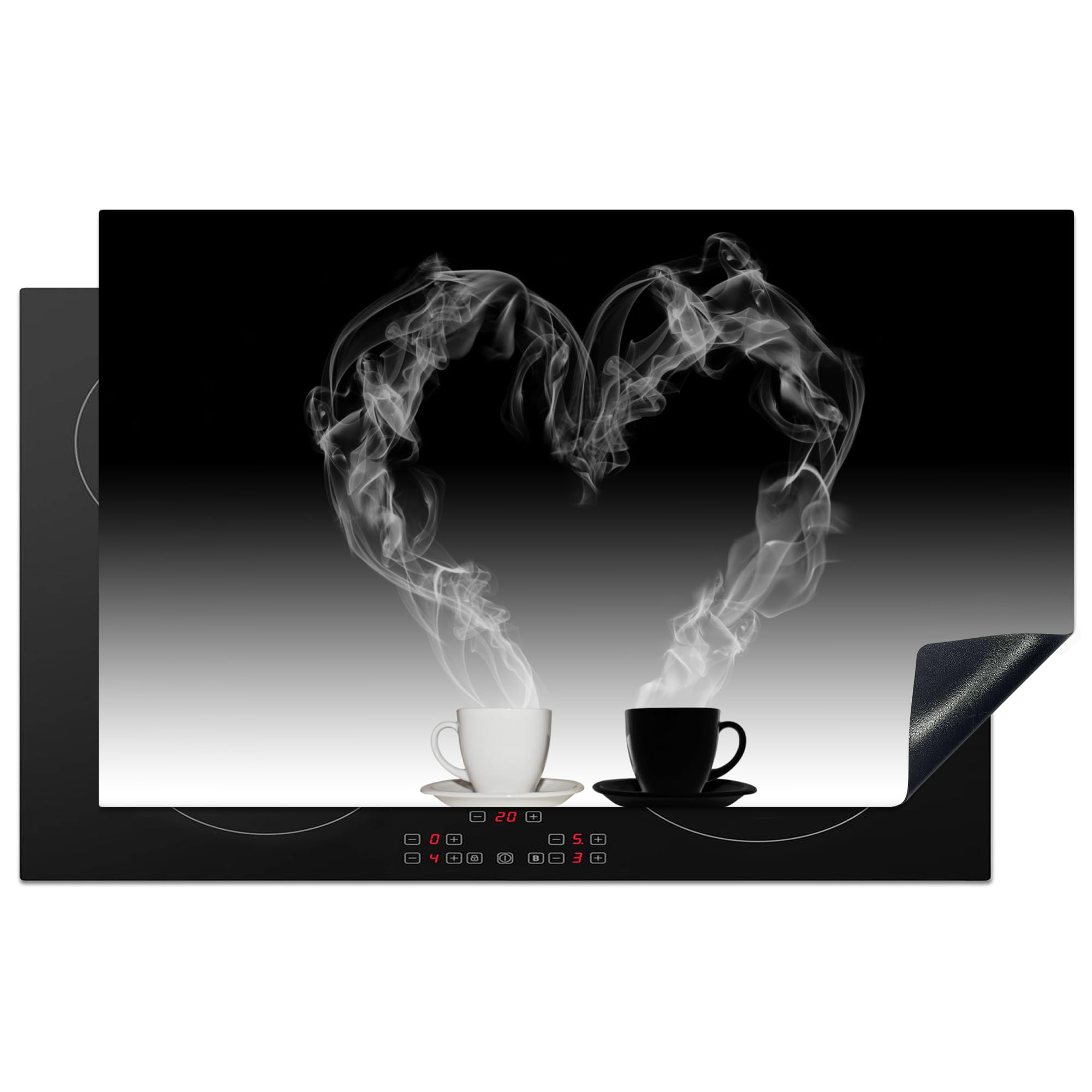 KitchenYeah© Induction Hob Cover Protector Mat 20.3"x32.7" / 83x51.5 cm Kitchen Universal Ceramic Covers for Electric Cookers Vinyl Coffee - Heart - Black and White - Cups — image 1