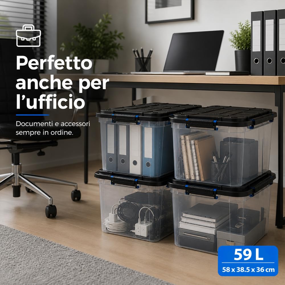 BAKAJI Set 4 Pezzi Contenitori con Coperchio e Ruote, Storage Box per Archiviazione Multiuso Giocattoli, Vestiti, Attrezzi, Accessori, Organizer Capiente e Robusto, Portaoggetti Stoccaggio