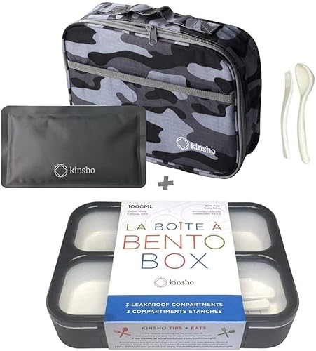kinsho Caja Bento con Bolsa de Almuerzo Aislada y Paquete de Hielo. Contenedor de Almuerzo con 3 Compartimentos Divididos Resistentes a Fugas
