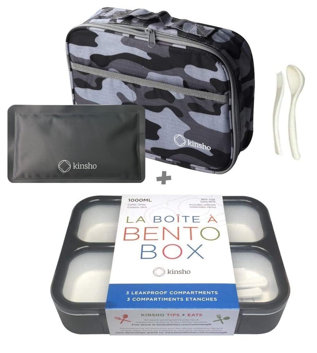 Bento Box with Insulated Lunch Bag and Ice Pack. Lunch Container with 3 Divided Leak-Resistant Compartments Perfect for Work or School, Adults Boys Kids, Black with Camo Bag