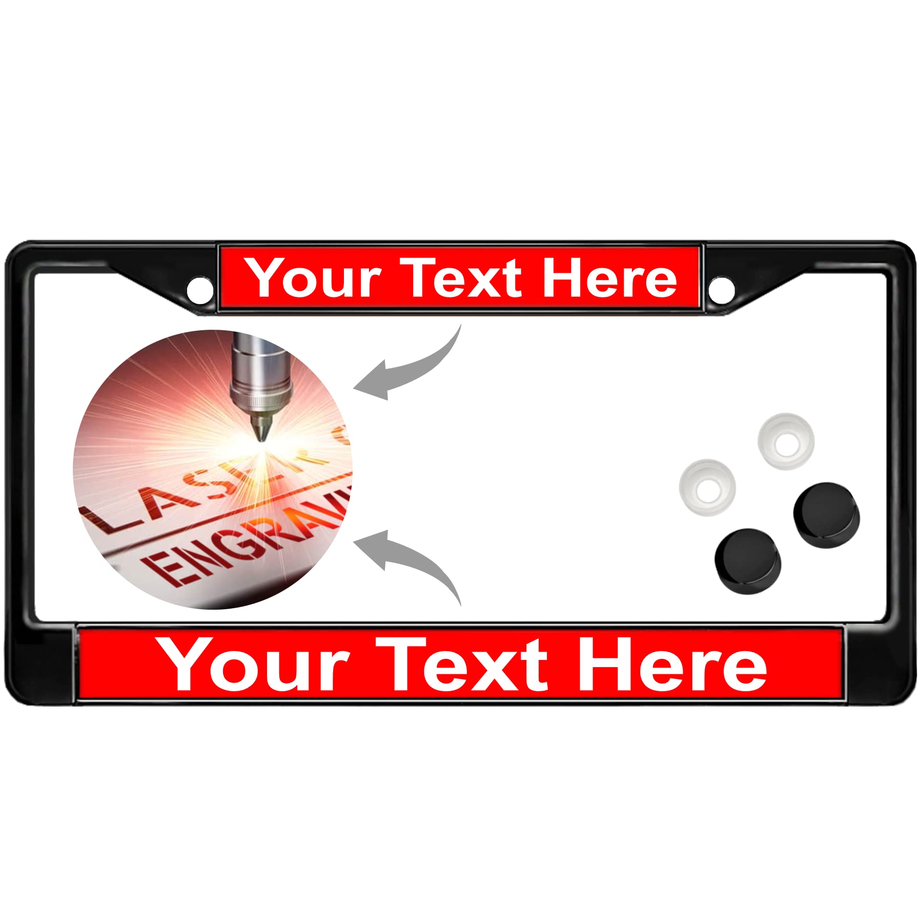 Custom Black Metal Standard Car License Plate Frame - Red/White Text