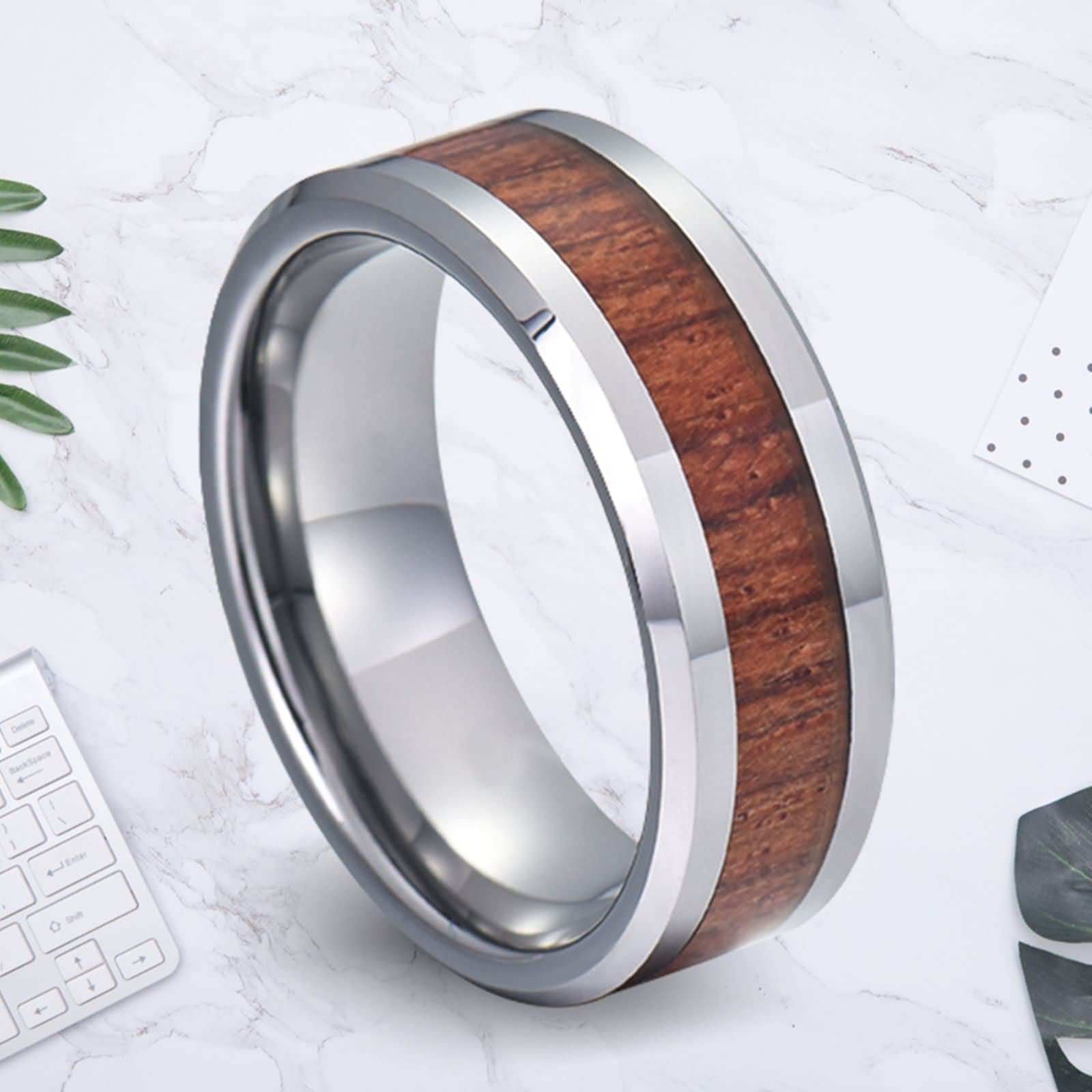 Anillos Pareja,Anillo Nombre Personalizado Anillos Tungsteno 8MM Anillo Plata Marrón con Grano de Madera Anillo Boda Pareja