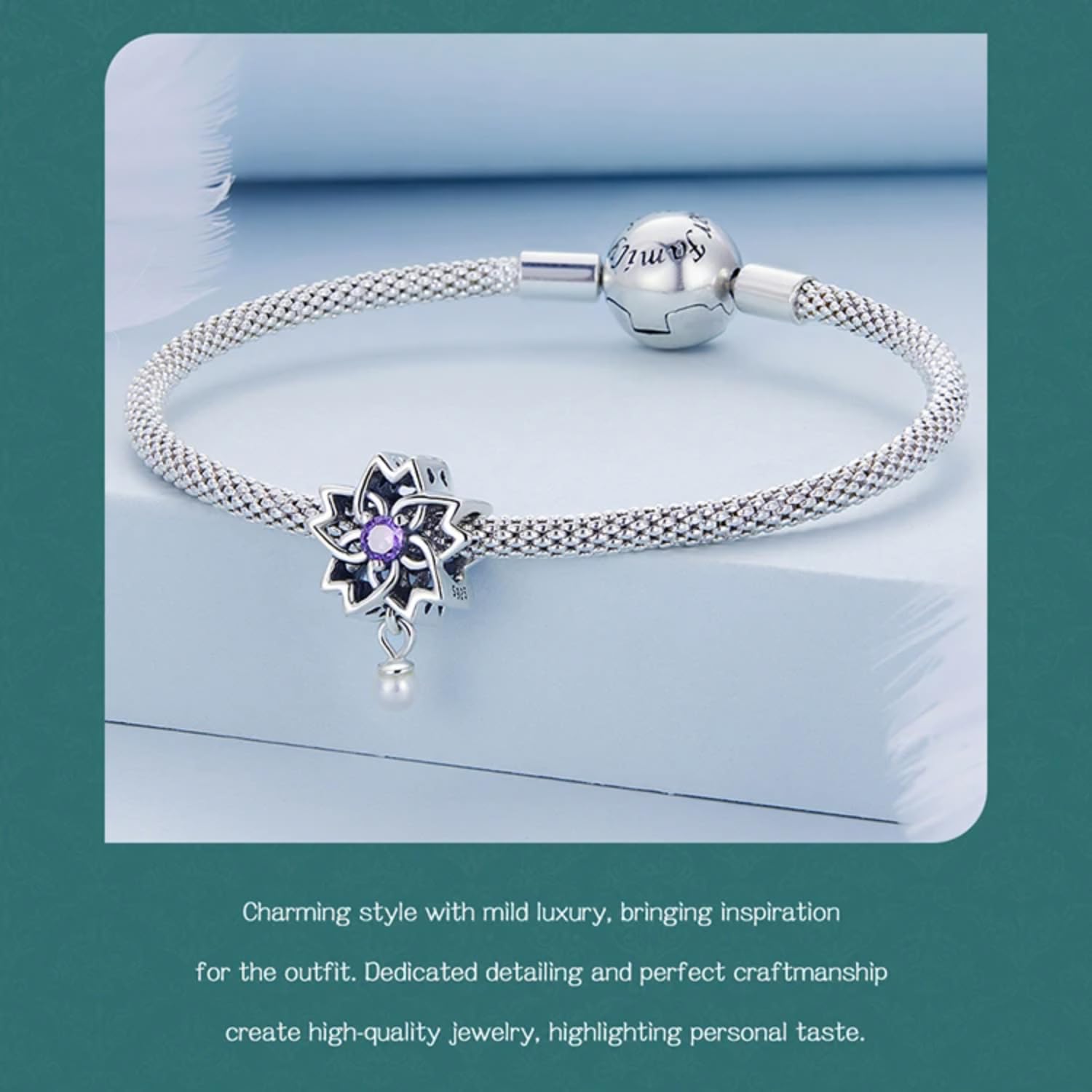 Colgante de plata de ley 925 con textura vintage de circonio morado, ideal para pulseras y brazaletes DIY, con perlas brillantes.
