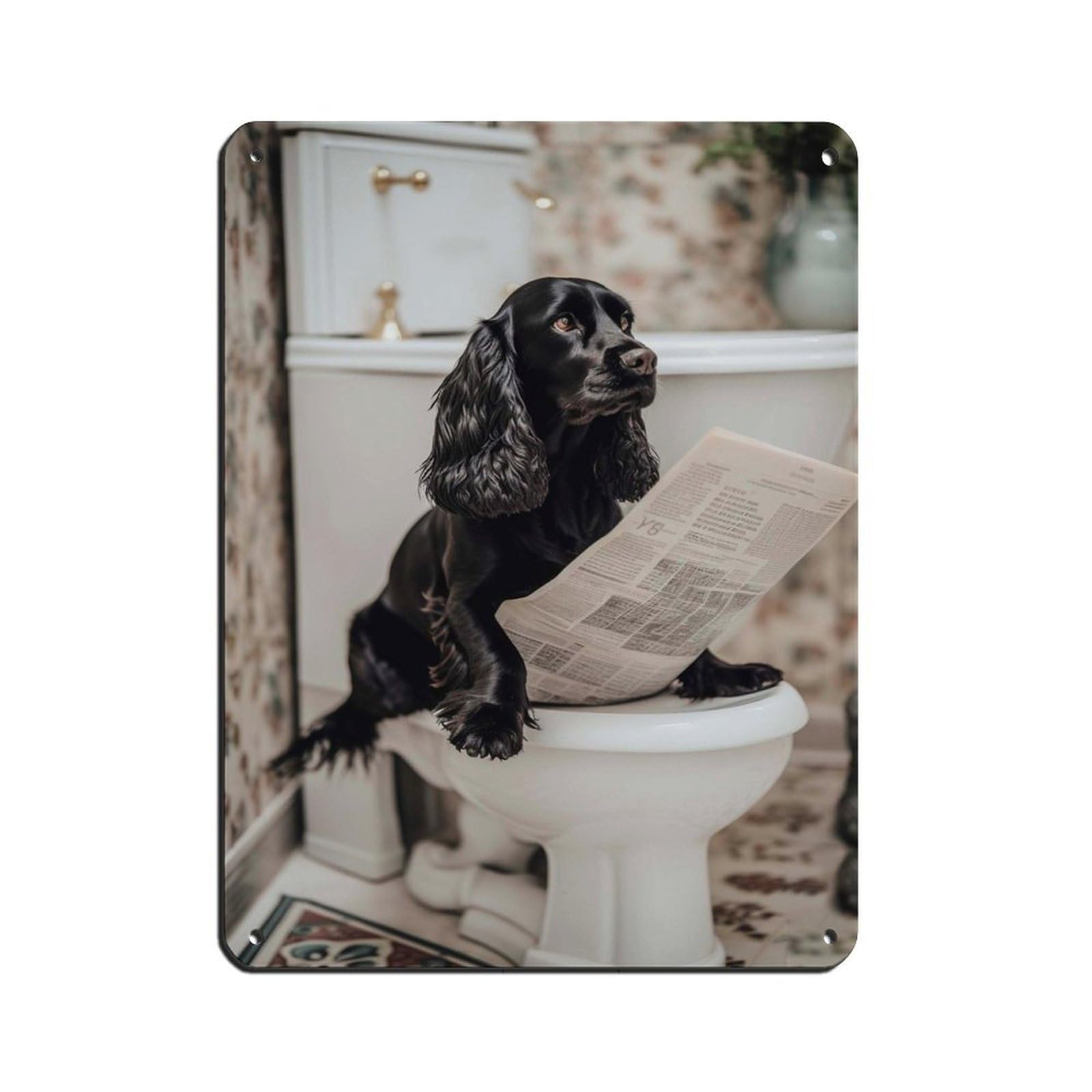 Cocker Spaniel on Toilet Reading The Newspaper Tin Sign Vintage Metal Pub Club Cafe Bar Home Wall Art Decoration Poster Retro 12x16inch(30x40cm)