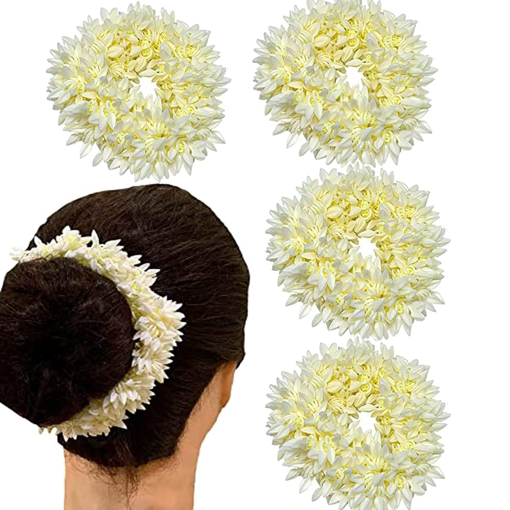 BlueQueen Indian Jasmine Handmade Hairband - Set of 4 White Gajra Artificial Flower Jewelry for Women's Hair Accessories