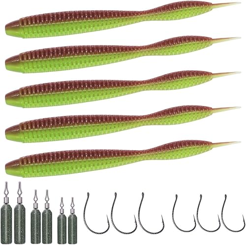 Miniatura 9 de Drop-Shot-Rigs-for-Bass-Fishing-Soft-Plastic-Lures-Worm Fishing Hooks, 4 inch Rubber Worms, Wacky Worms, Straight Tail Stick Baits -22 Piece Kit