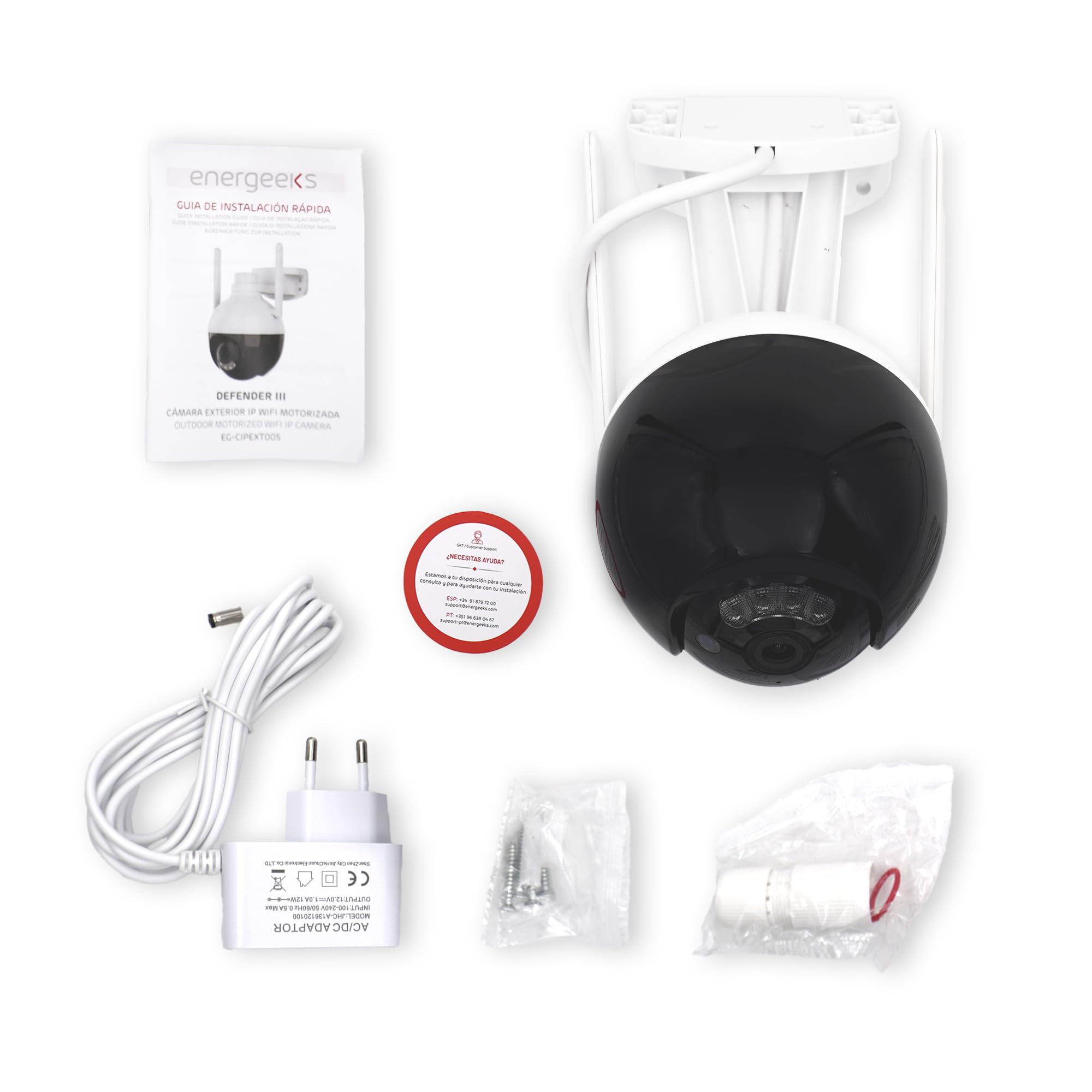 energeeks Defender III - Cámara Vigilancia Exterior WiFi - IP66-4 MP - Detección Movimiento/Sonido - Visión Nocturna - Audio Bidireccional - Luces LED y Sirena - Almacenamiento SD/Nube