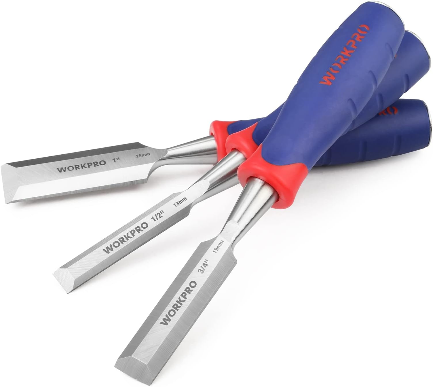 HANYWIL 3-piece Wood Chisel Set, Cr-V Construction, Bi-Material Soft Grip with Hammer End for Woodworking, Carving