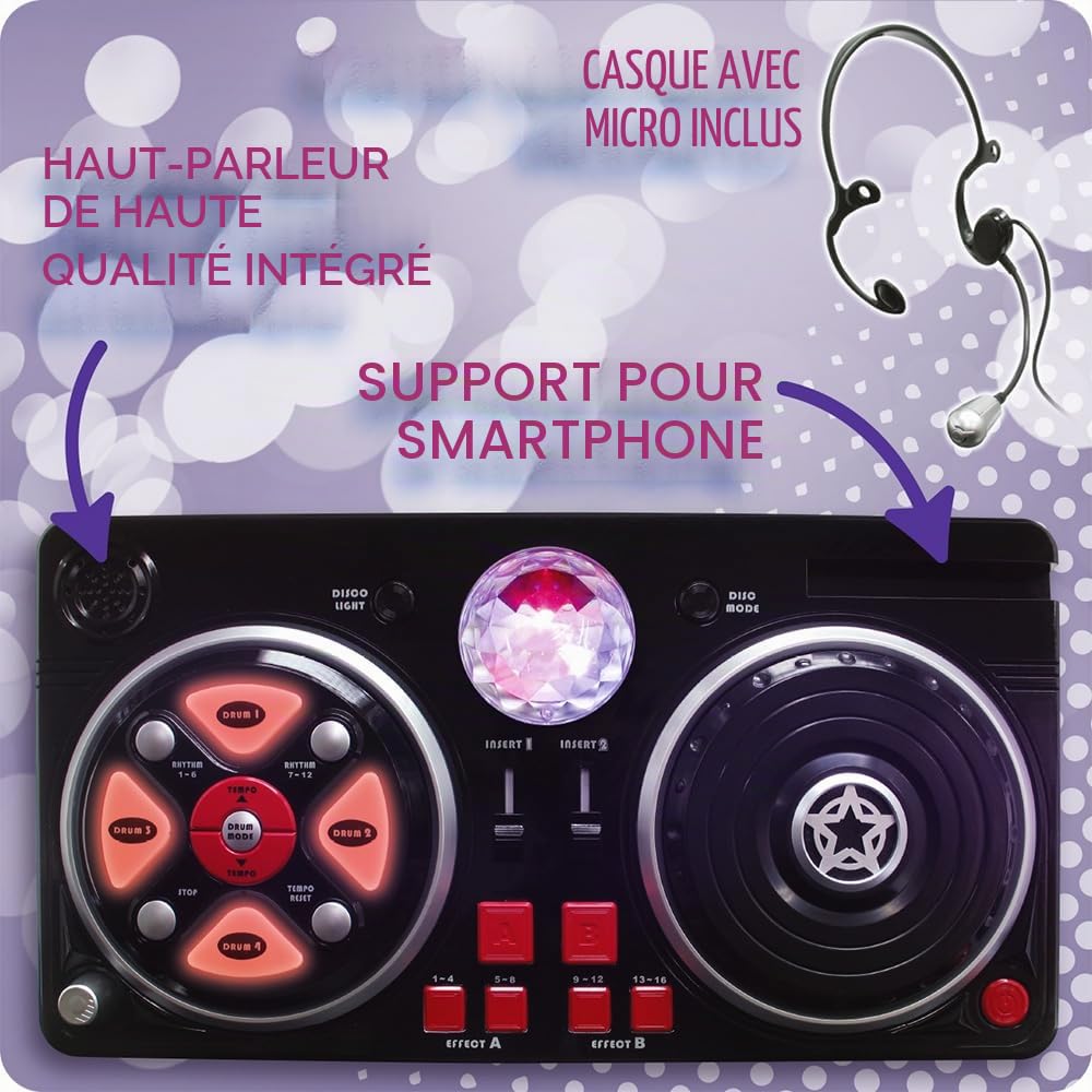 Deqube - Table de mixage DJ avec différentes bases et effets, comprend une boule lumineuse disco, connexion Bluetooth aux appareils, couleur noire, moyen (916D00040)