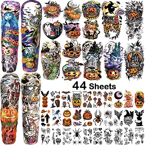 44 Halloween Temporary Tattoos Waterproof for Kids and Adult, Pumpkin Witch Sugar Skull Scar Zombie Fake Tattoo Stickers for Halloween Makeup, Party Cosplay Costumes, Face Decals