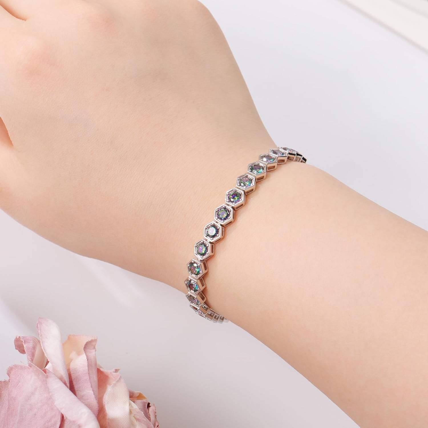 Birthstone Tennis Bracelets for Women Birthday Gifts 925 Sterling Silver Hexagon White Gold Bracelets Round Cut 5A Cubic Zirconia Prong Setting 7 Inch Anniversary Jewelry Gift - Image 4