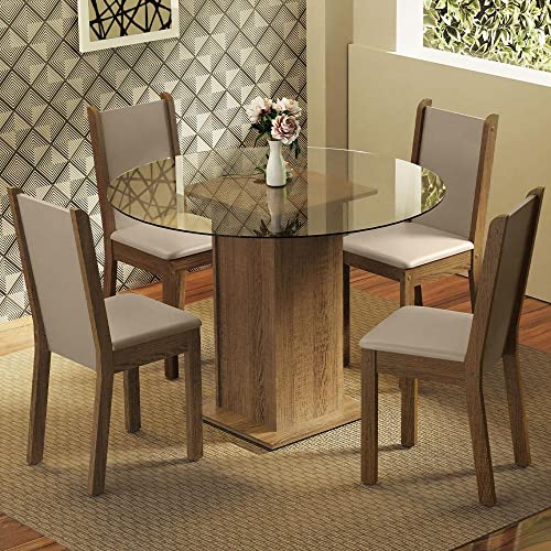 Conjunto Sala de Jantar Madesa Nanda Mesa Tampo de Vidro Redondo 4 Cadeiras - Rustic/crema/bege