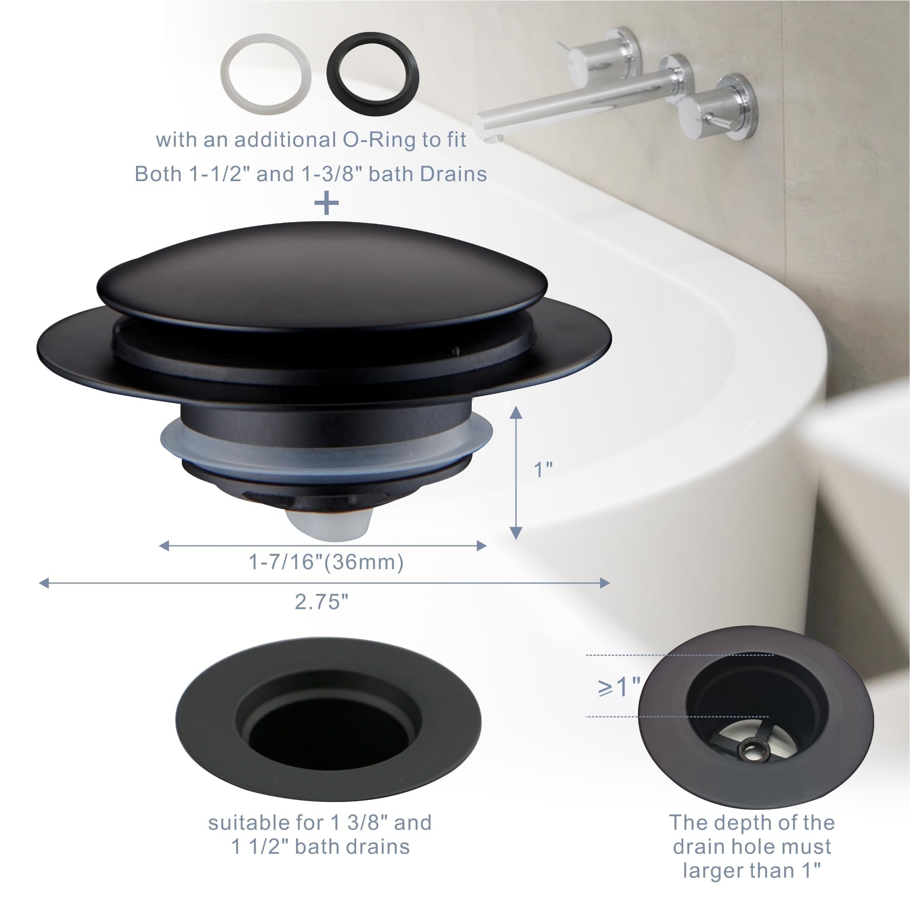 Snapklik.com : Matte Black Tub Drain Stopper, Hidrop Pop Up Universal ...