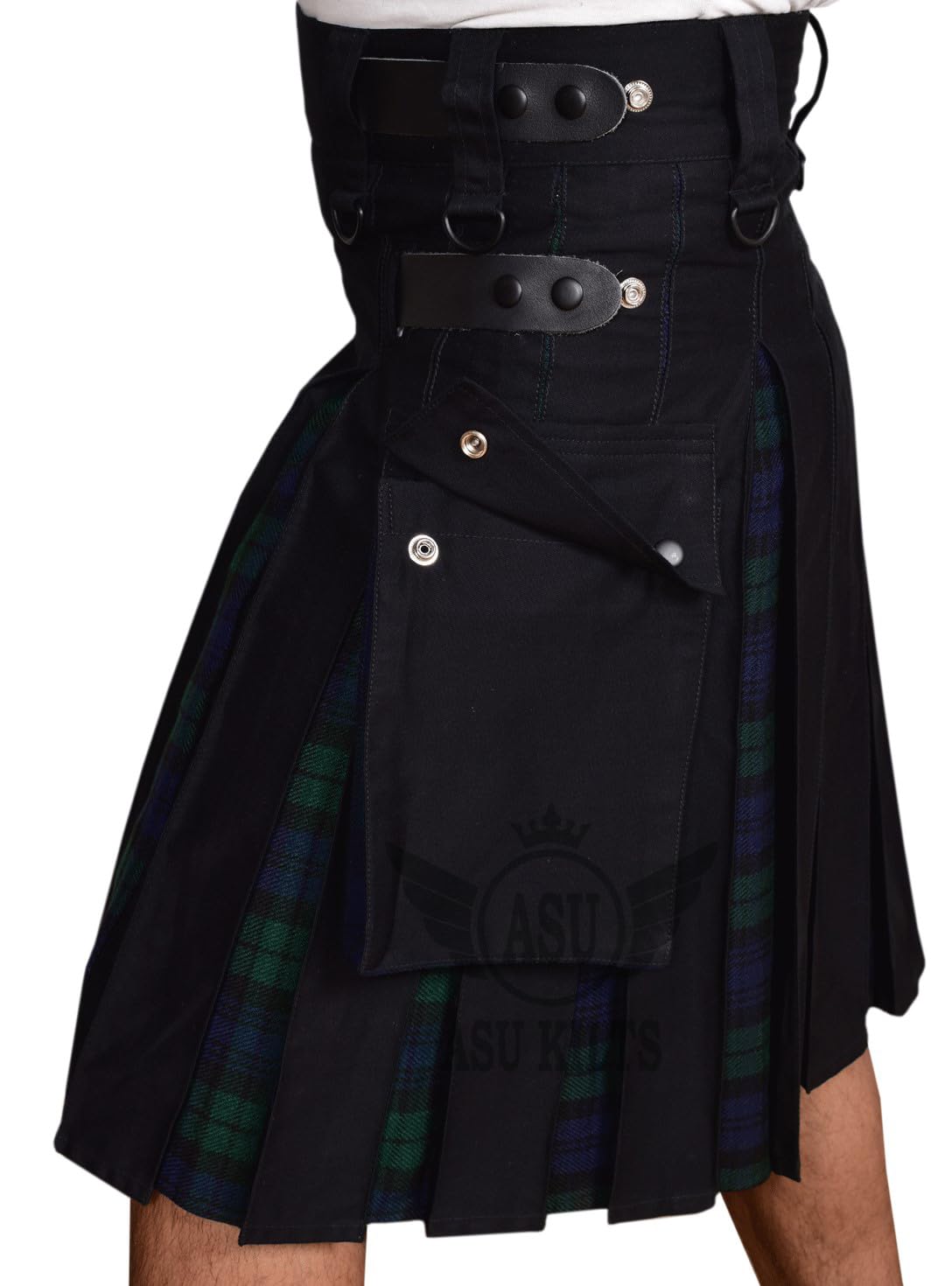 Men's Plus Size Scottish Hybrid Black Cotton & Tartan Utility Kilts with Leather Straps Kilts for Men