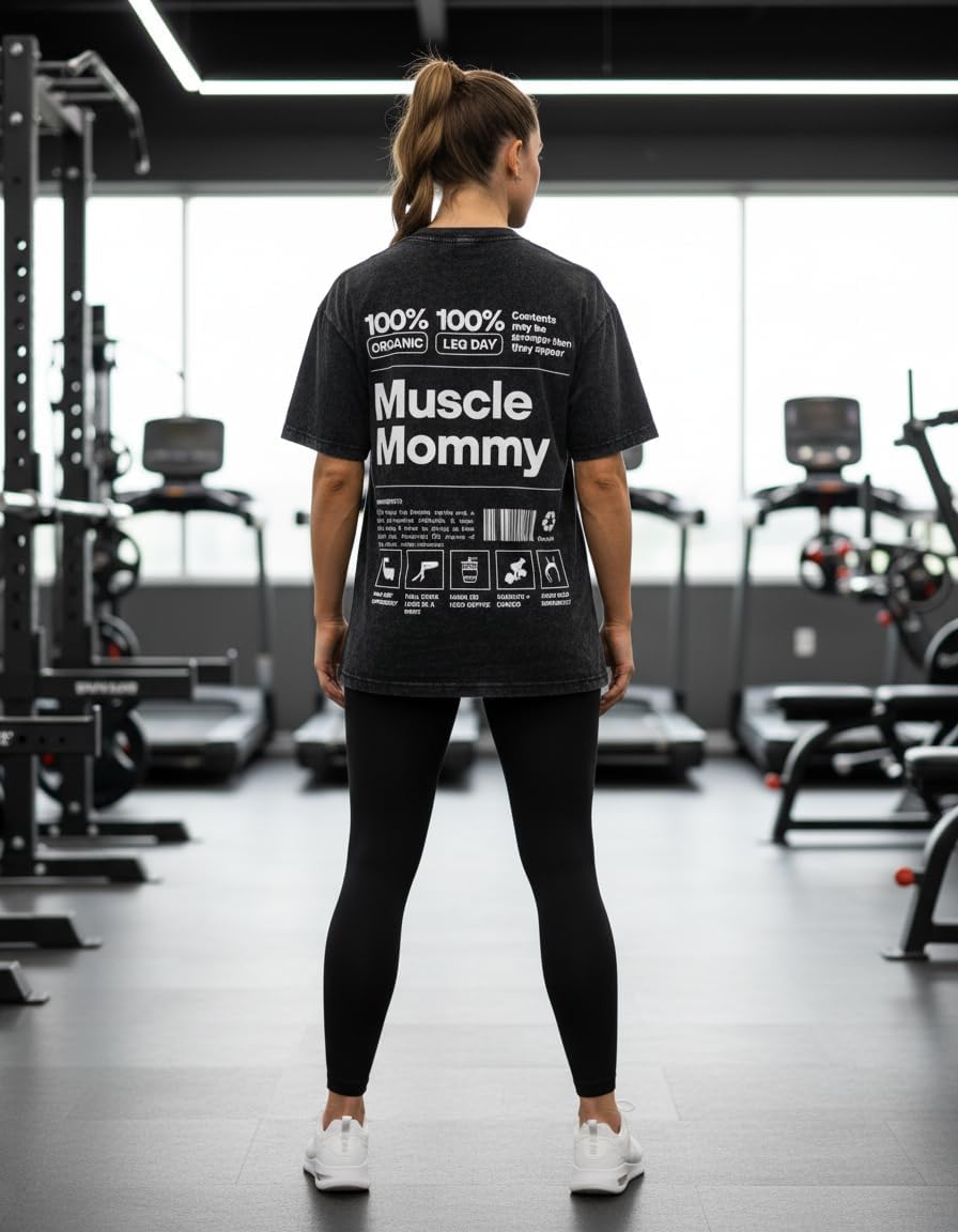 IRON PANDA-Muscle Mom Printed Gym Shirt - Novelty and Fun Design, Washed Heavyweight Cotton Gym t-Shirt