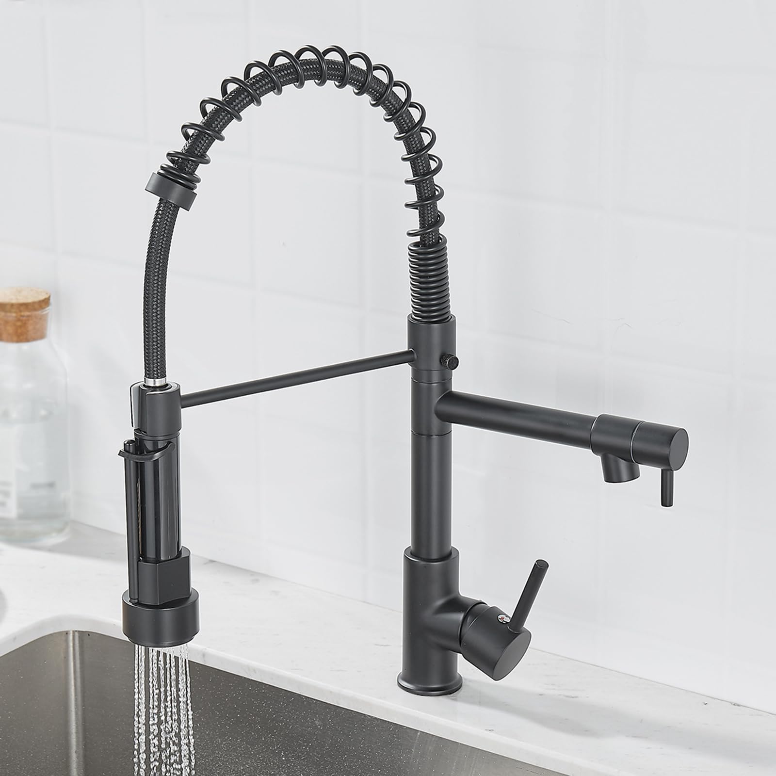 FCXWEVR Kitchen Faucet Pull Down Mixer Tap for Sink Hot & Cold Water 360° Swivel Dual Outlet Single Hole Installation Black Kitchen Faucets Modern Design