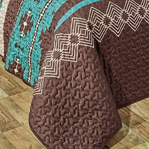 WPM WORLD PRODUCTS MART Southwest Teal/Beige/Brown Print Bedspread 3 Piece Navajo/Native American Tribal Design Microfiber Cabin Lodge Quilt Set- Queen Size Southwestern Bedding Makala (Queen) - Thumbnail 2