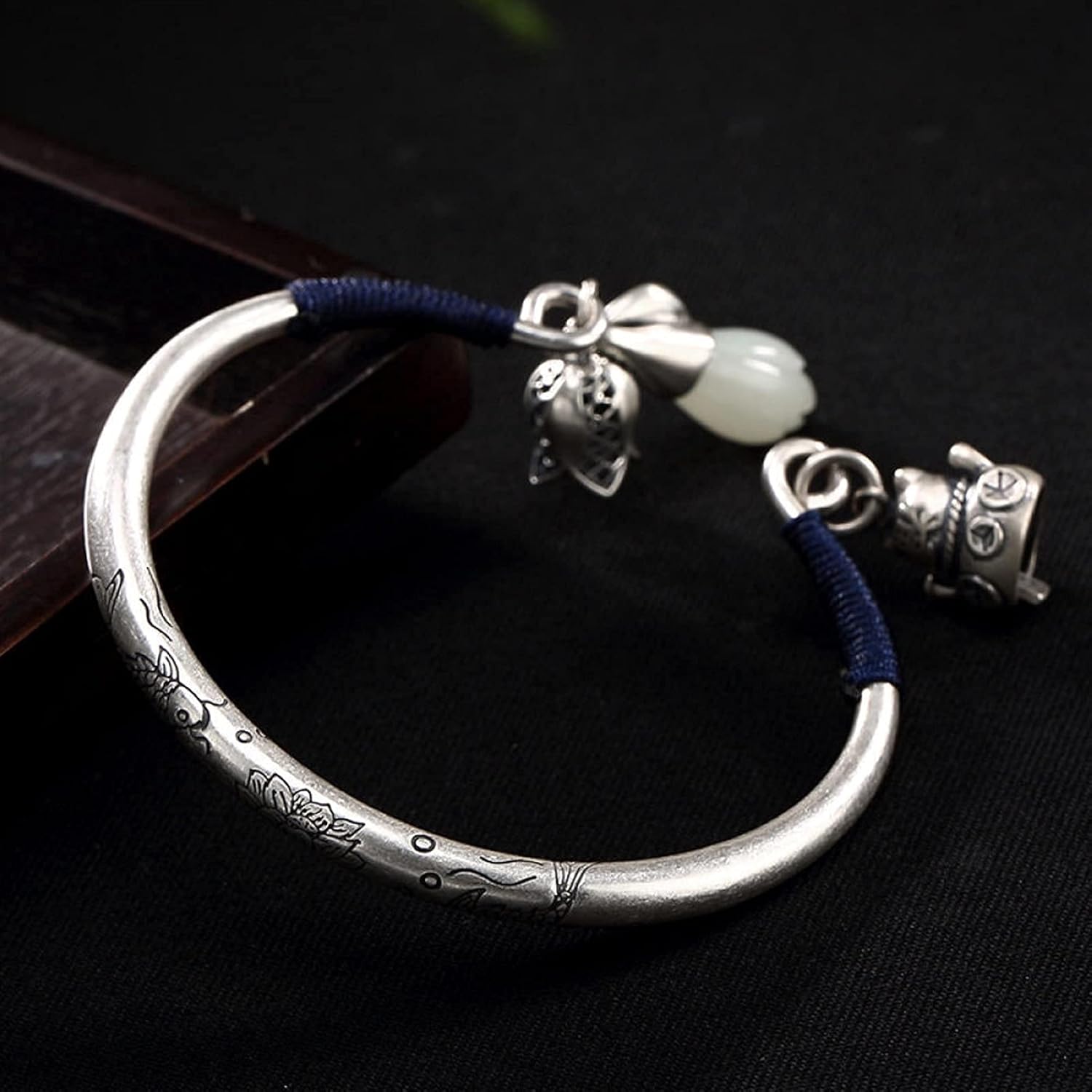 S990 Pure Hetian Jade White Magnolia Lady Open Bracelet Jewelry Birthday Present Women's Bracelets