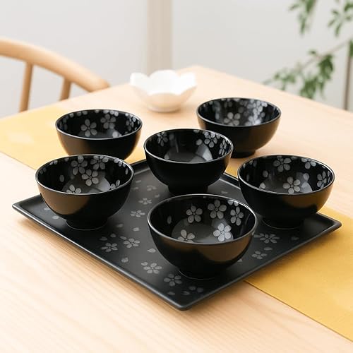 Miniatura 3 de JapanBargain 4690 - Juego de 5 cuencos de arroz de porcelana japonesa, diseño de flor de cerezo Sakura Miso, color negro y plateado, juego de 5,