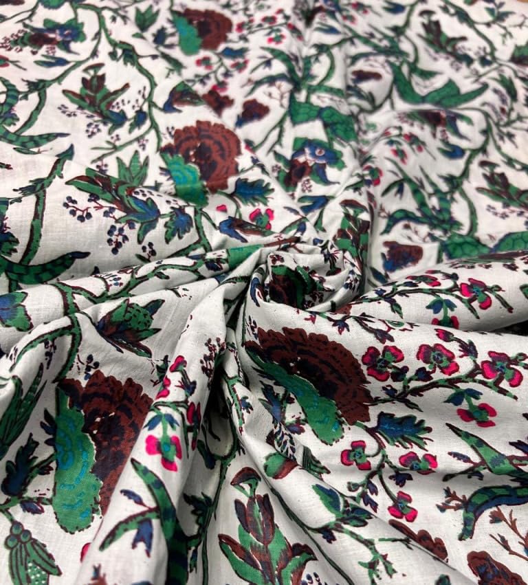 Cotton Fabric Material Sanganeri Printed Hand Print Cotton Fabric Print Women Dress Material Running Jaipuri Women Dress Material Kurtis Natural 43" Inches (3.5 Meter)-image-11
