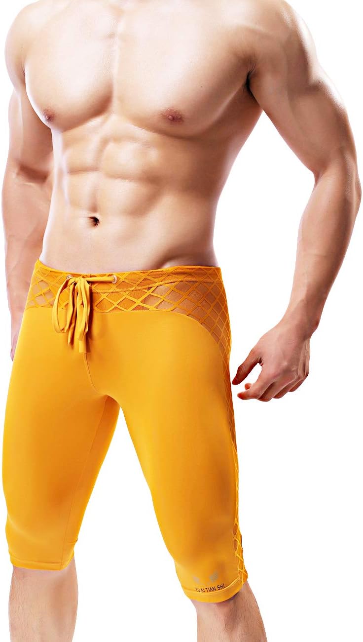 Men's Soft Mesh Cool Dry Compression Yoga Workout Tight Shorts (S Fit Waist Size 26-28inch, Yellow)
