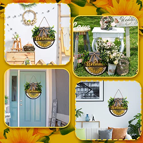 Sunflower Welcome Sign For Front Door Porch Decor Farmhouse Rustic Wreath Wall Decor With Buffalo Bow Round Wood Welcome Door Sign Hanger For Home Garden Kitchen Restaurant Shop, 12 X 12 Inches #TOP5
