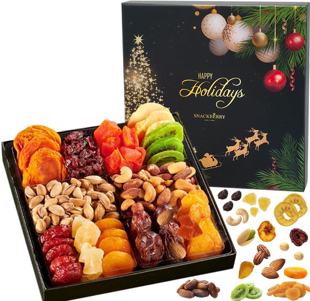 2-Pack Christmas Dried Fruit & Nuts Gift Basket Arrangement Platter, Gourmet Food Snack Box, Healthy Kosher (Style 1)