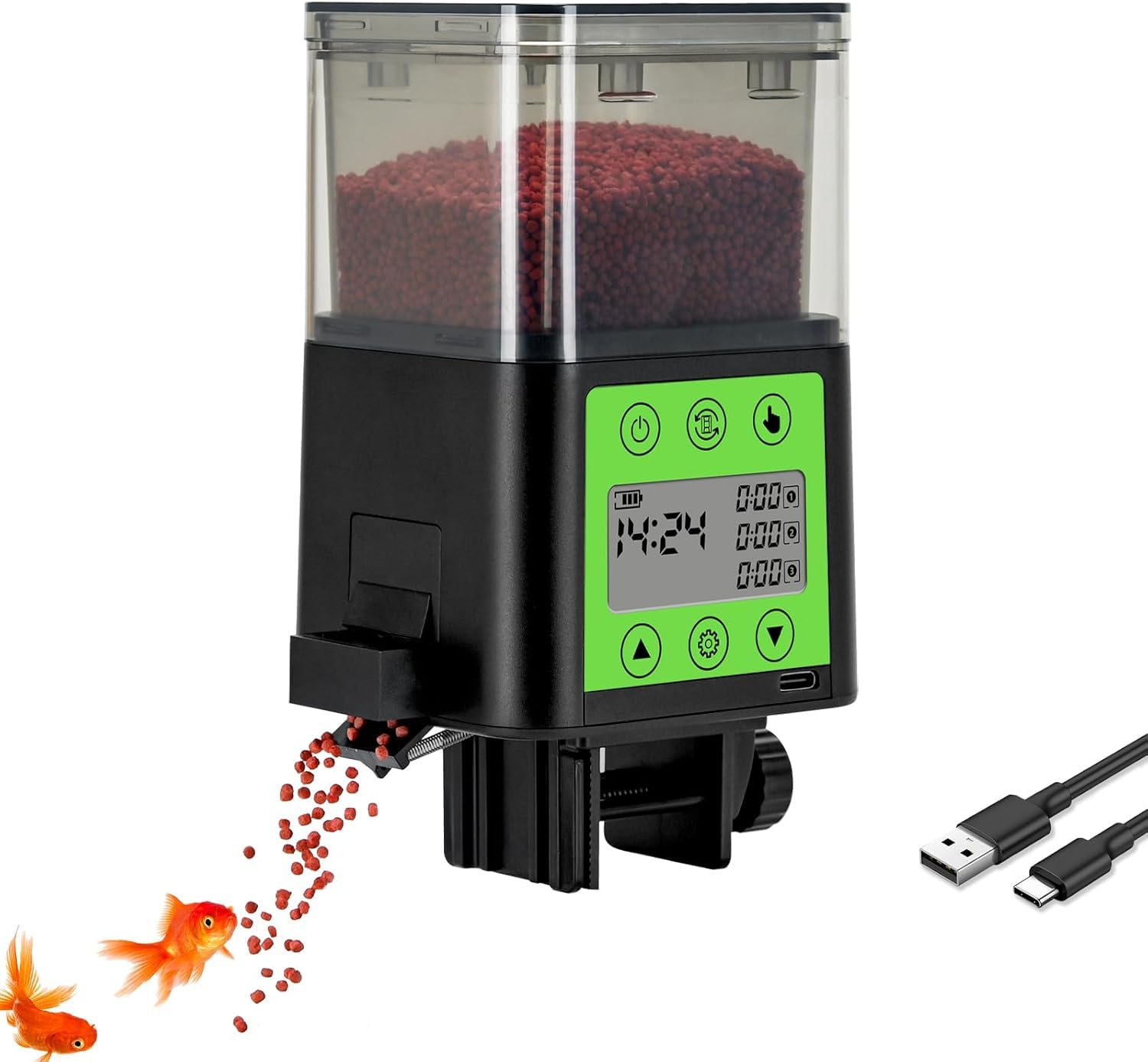 Podazz Automatic Fish Feeder - USB Rechargeable 320ML Large Capacity Aquarium Fish Food Dispenser with LCD Display, Moisture Proof Timer Feeder for Fishes for Vacation Weekend Holiday - Green