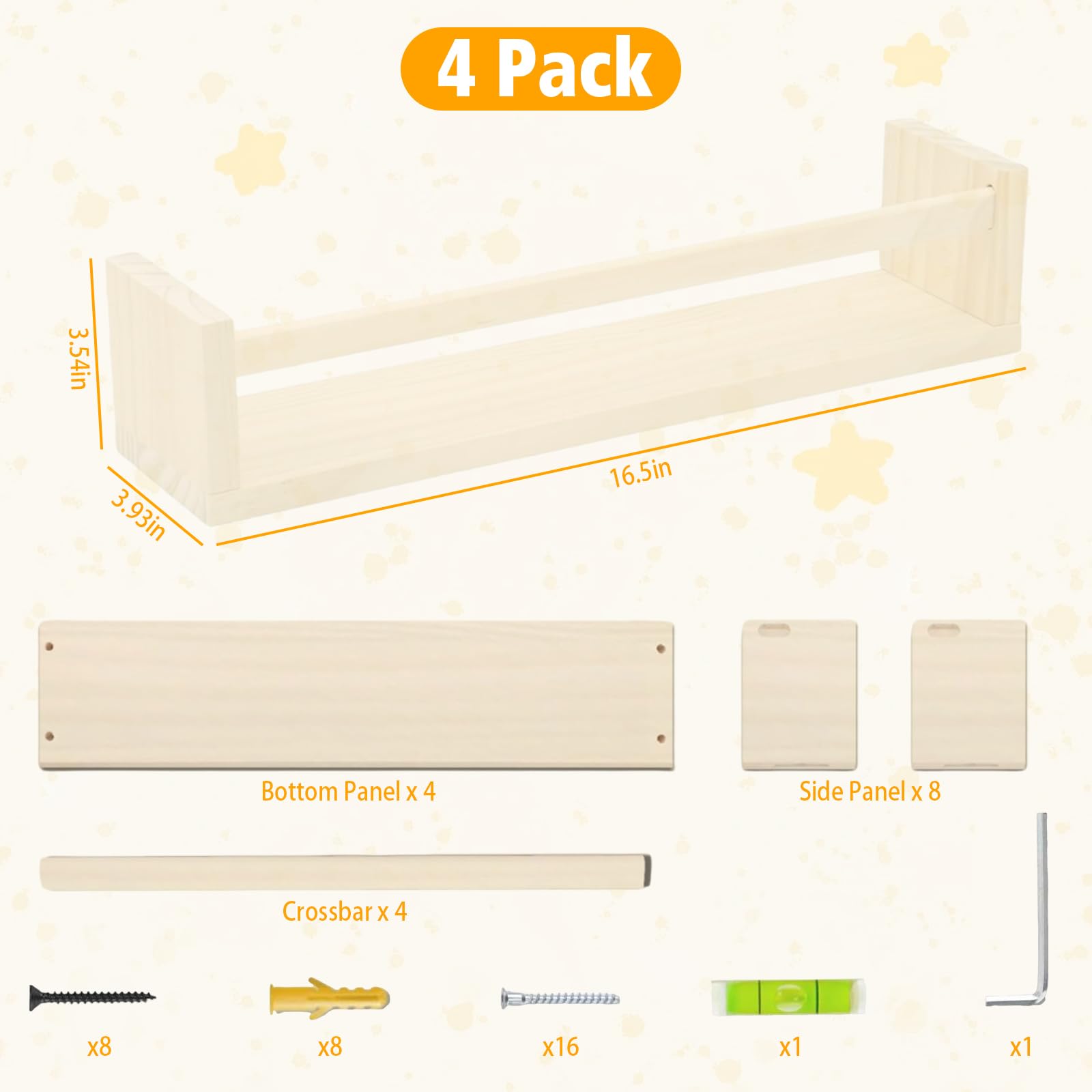 SOONHUA Estanteria Infantil Pared, Juego de 4 Estantes Flotantes de Madera, Estantes Pared de Madera Maciza, Baldas Flotantes para Libros y Juguetes, para Habitación Infantil