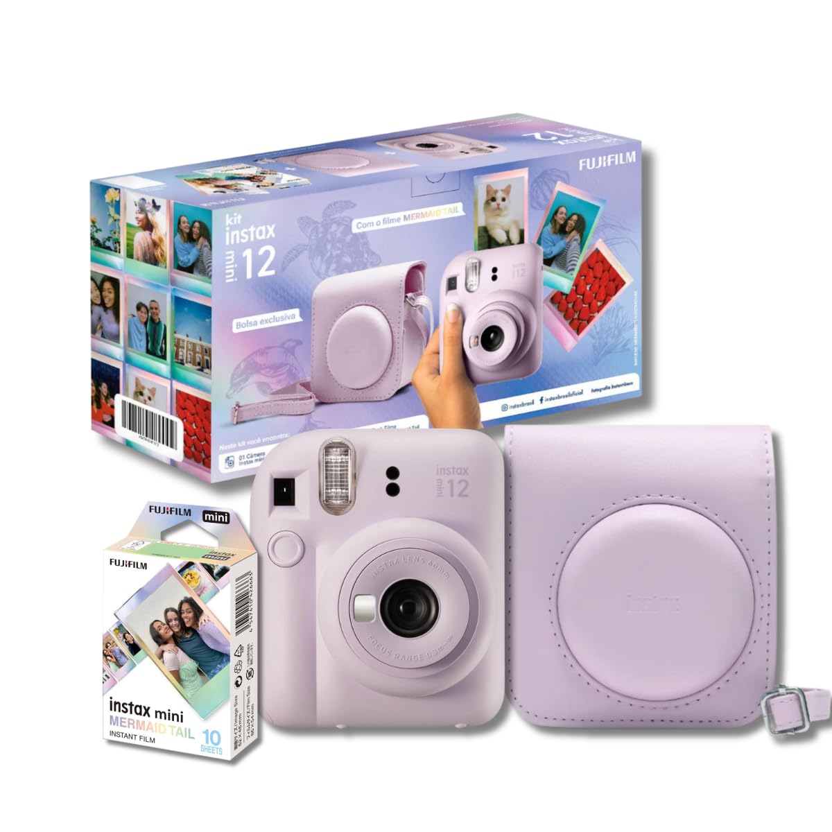 Kit Câmera Instax Mini 12 com pack 10 fotos Mermaid Tail e Bolsa Lilás