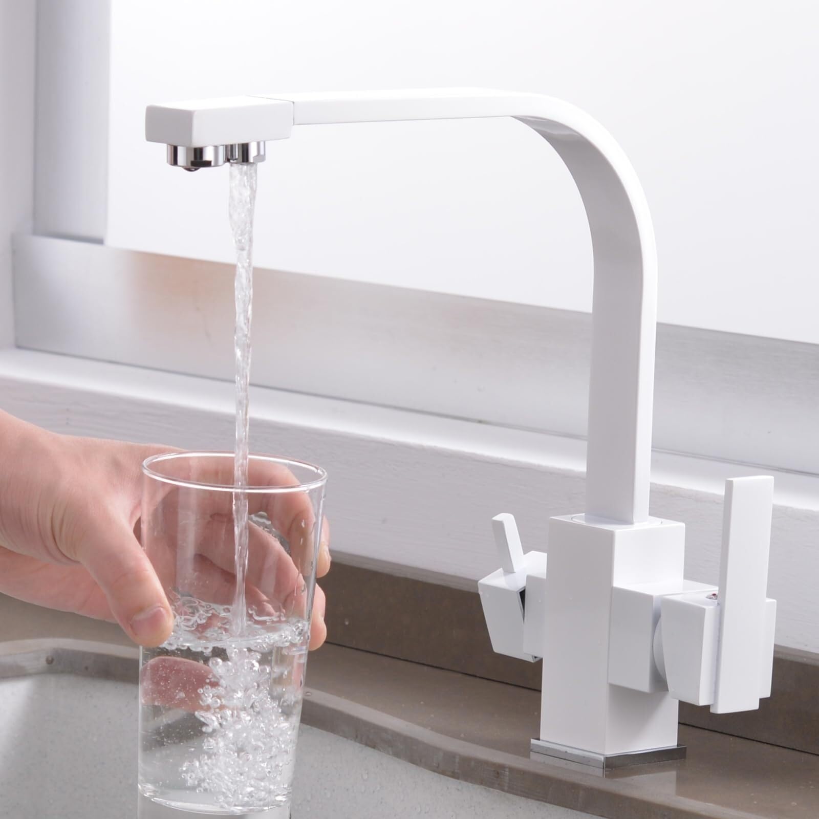 Grifo mezclador para fregadero de cocina de 3 vías, grifo de agua con filtro 3 en 1 blanco para beber grifos de cocina calientes y fríos, diseño moderno, fácil instalación