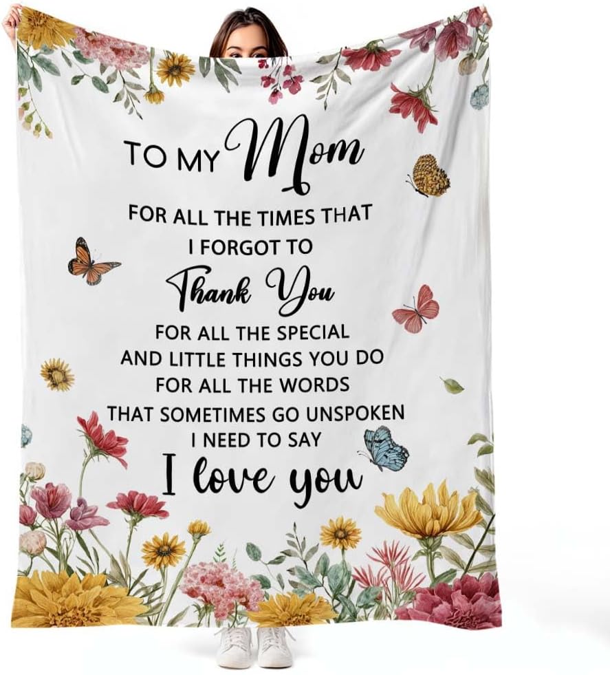 MASLEK Mom Gift Flannel Throw Blanket, Floral Butterfly Mom Message Blanket, Birthday Valentine’s Day Gifts for Mother from Daughter Son, Mother’s Day, 60 x 80 Inch