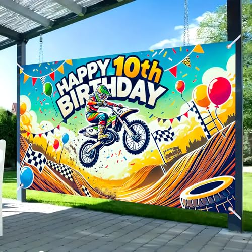 Image of Nuxovilar Happy 10th Birthday Banner Backdrop 71 inchx43 Polyester | Celebrate Party Supplies, Celebration Decor. Dirt Bike Birthday Party Decorations. Yard, Garage, Room. (Dirt Bike 10th)
