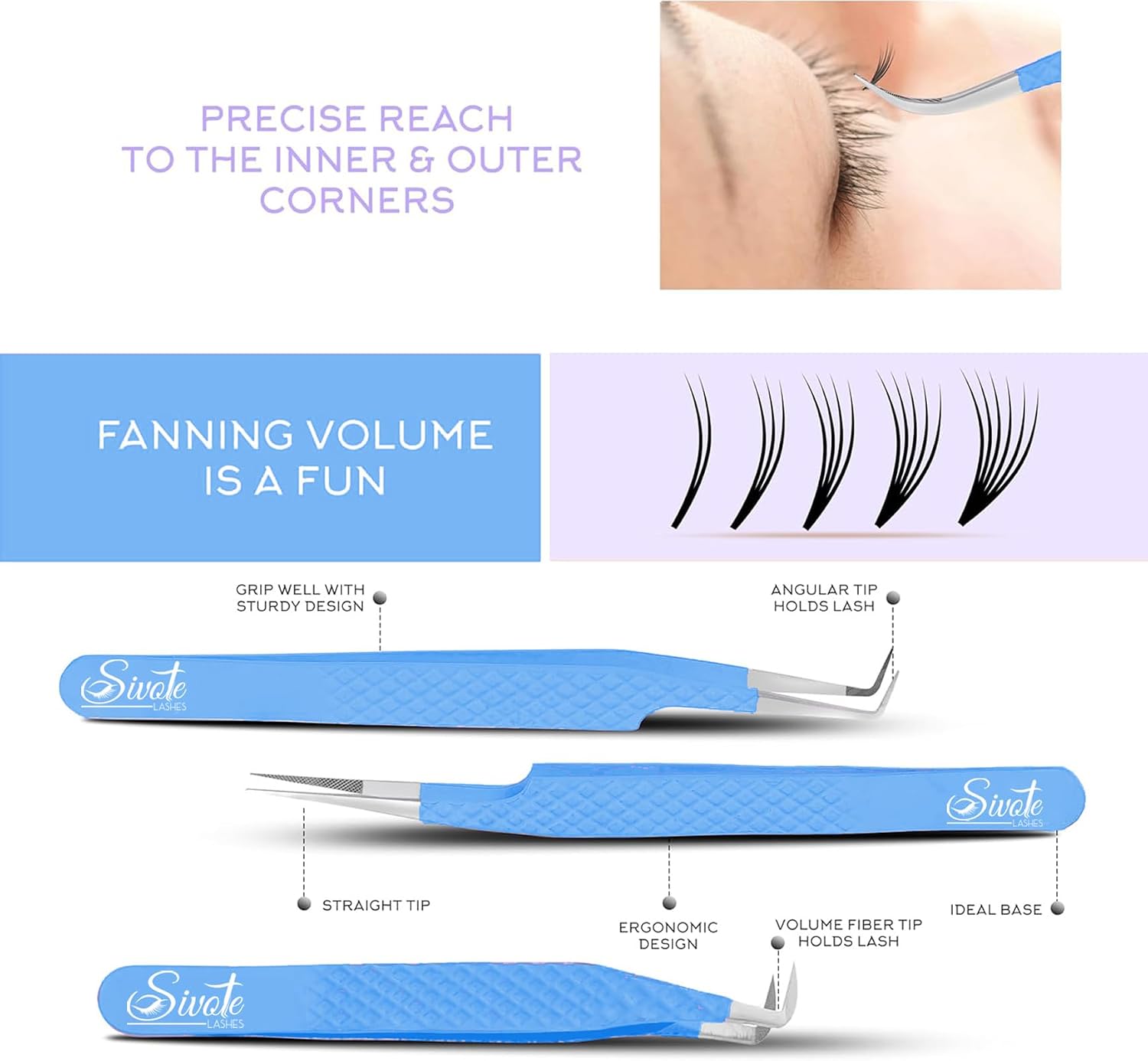 Lash Tweezers for Eyelash Extensions, Pack of 5, Blue, Diamond Grip