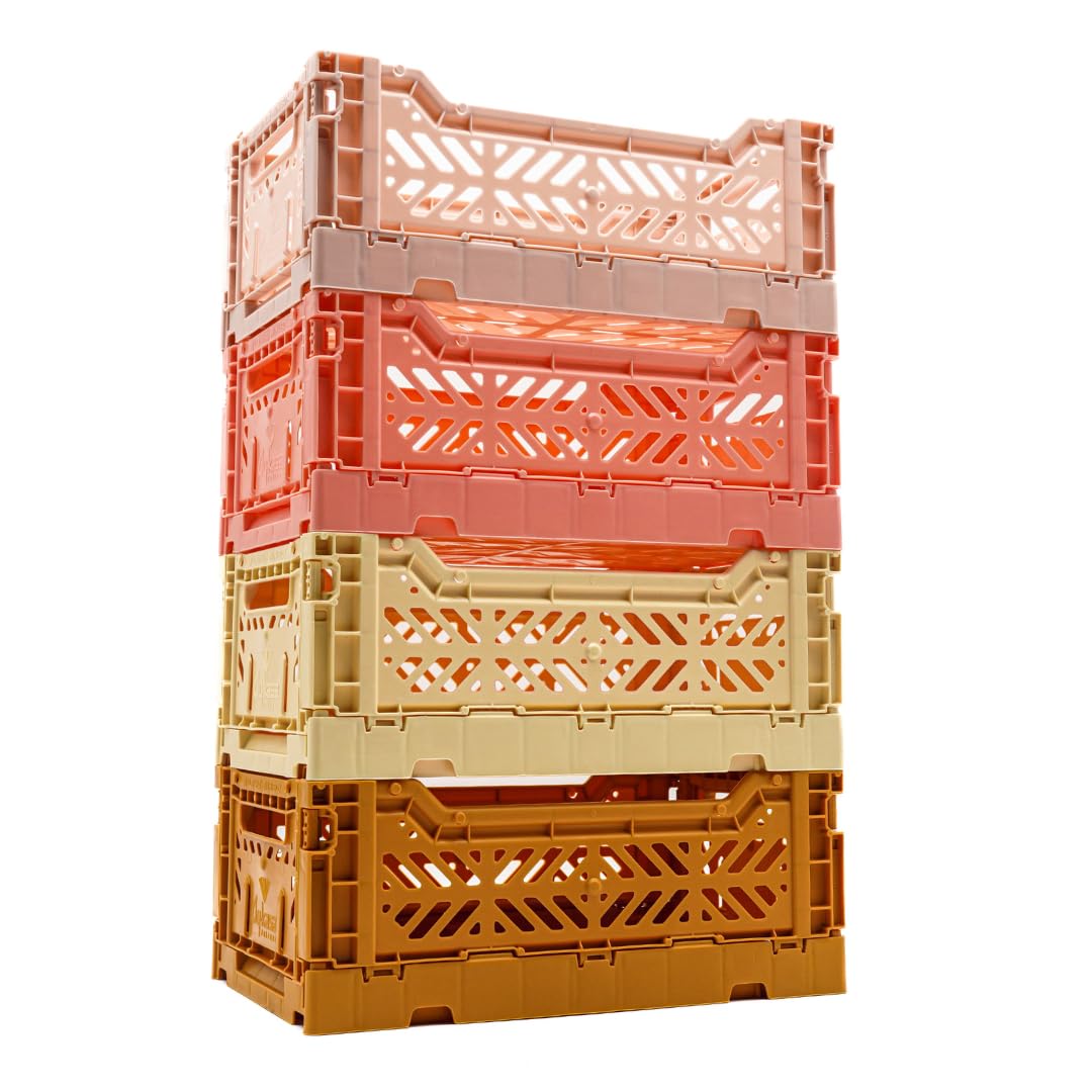 Luna Crates Collapsible Storage Box, Foldable Crate Organizer Bin with Handle, Stackable Crates for Home Organization Set of 4 Light Lime, Peachy Cream , Coffee , Ivory
