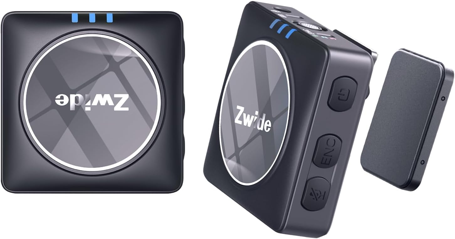 Zwide Professional Wireless Lavalier Microphone System M1(Black)+C1 (2TX+1RX+Charging Case), with 2.4GHz Real Time Monitoring, Compact 1 Receiver & Dual Transmitter with Noise Cancellation