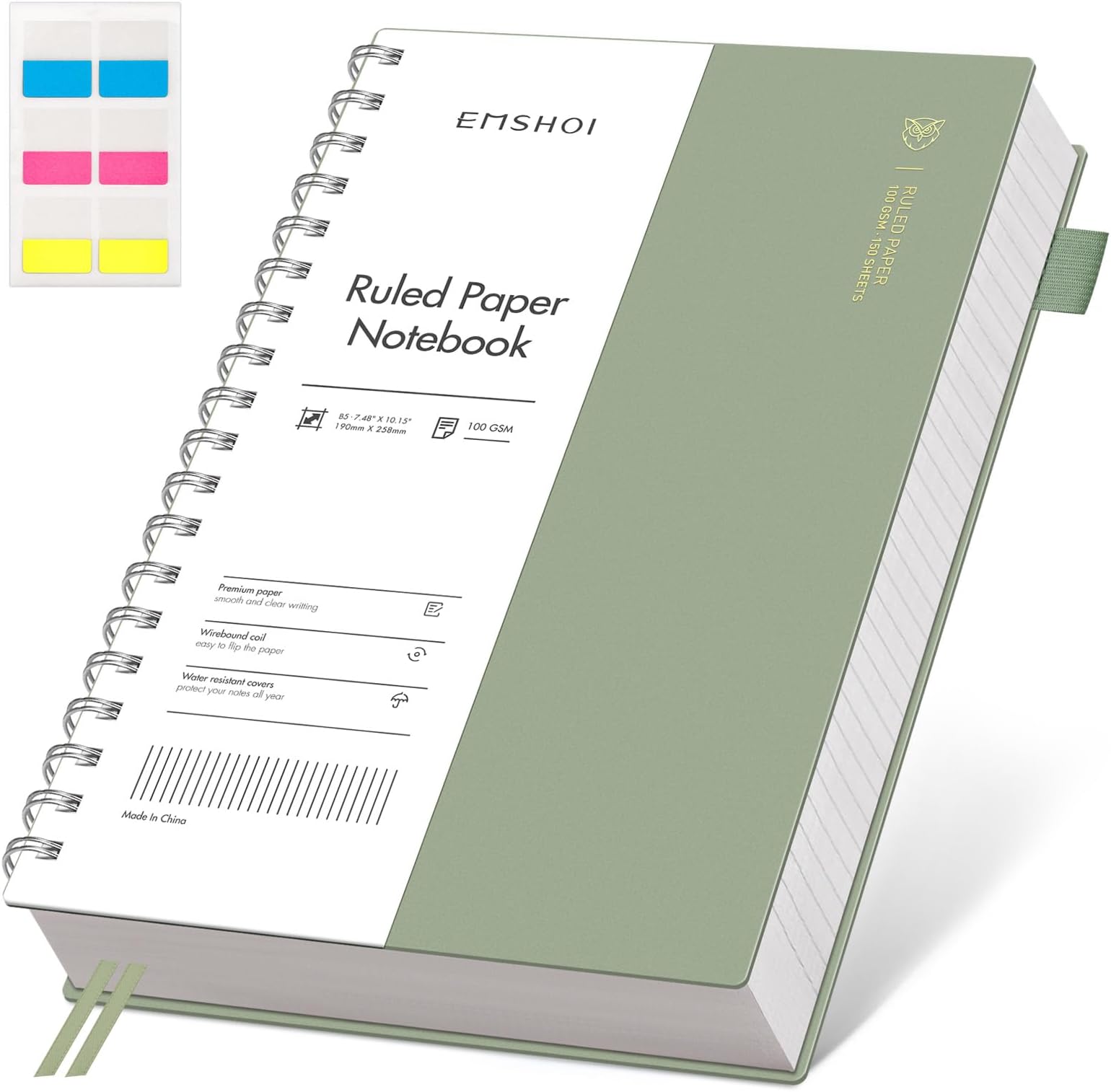 EMSHOILined Spiral Journal Notebook, B5 College Ruled Notebook, 300 Pages/150 Sheets, 100gsm Acid-Free Paper, Waterproof Softcover Notebook for School, Work, Note Taking, 7.48" × 10.15" - Light Green
