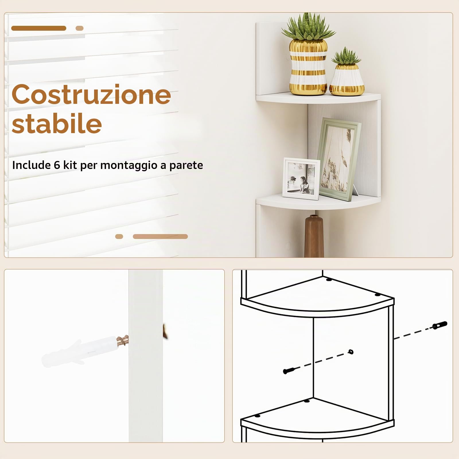 HOMASIS Libreria Angolare da Parete con 5 Ripiani, Scaffale ad Angolo in Legno, Libreria Sospesa Salvaspazio e Aperto per Decorazioni da Soggiorno, Ufficio e Bagno, 20 x 20 x 126 cm (Bianco)