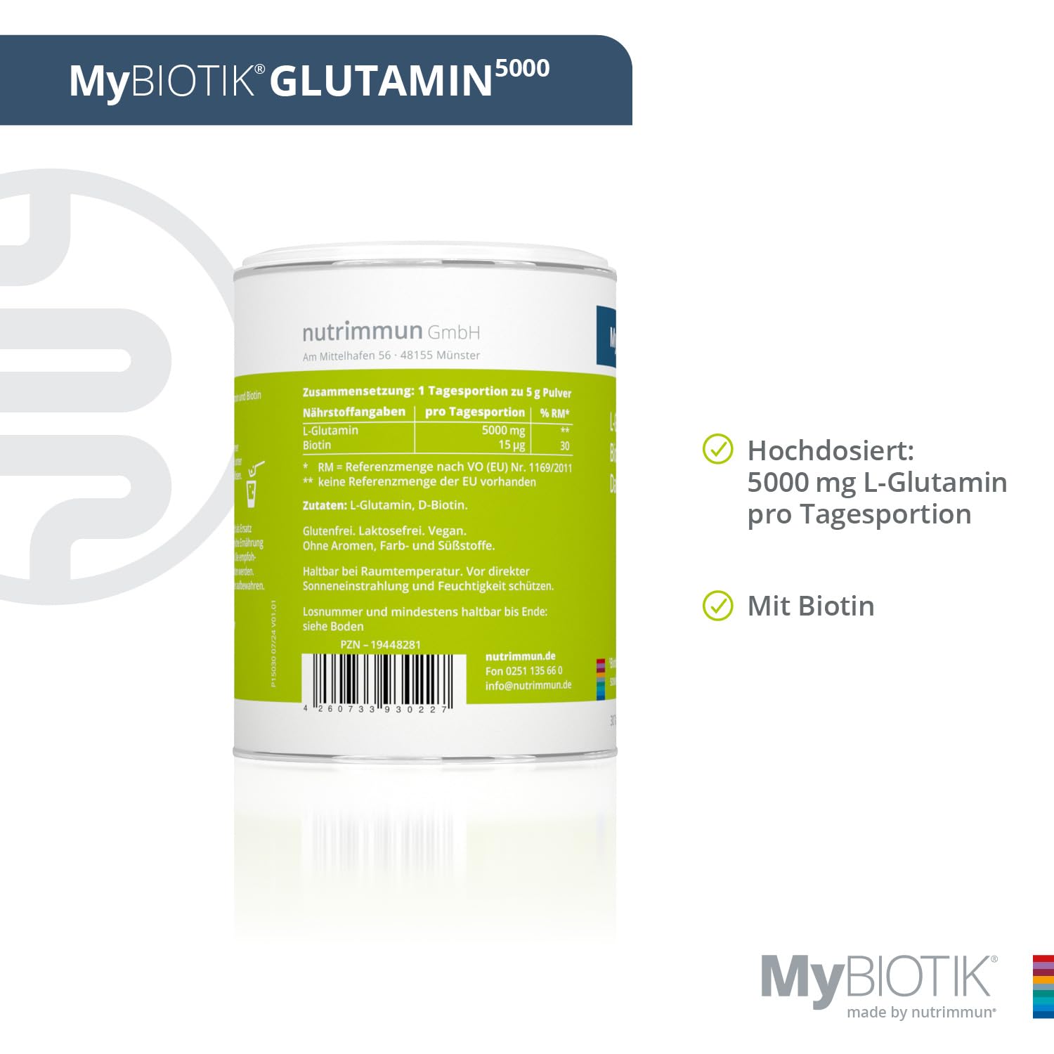 MyBIOTIK®GLUTAMIN5000 I made by nutrimmun I Für 30 Tage I Hochdosiert I 5g L-Glutamin I Biotin I Pulver I Ohne Zusatzstoffe I Vegan I Glutenfrei I Laktosefrei I Laborgeprüft