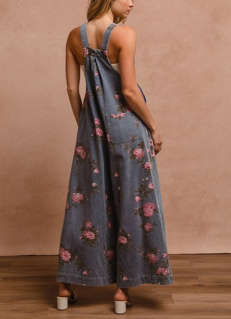 chouyatou Women's Summer Boho Floral Denim Bib Overalls Adjustable Strap Wide Leg Jumpsuits Jeans with Pockets - Image 4