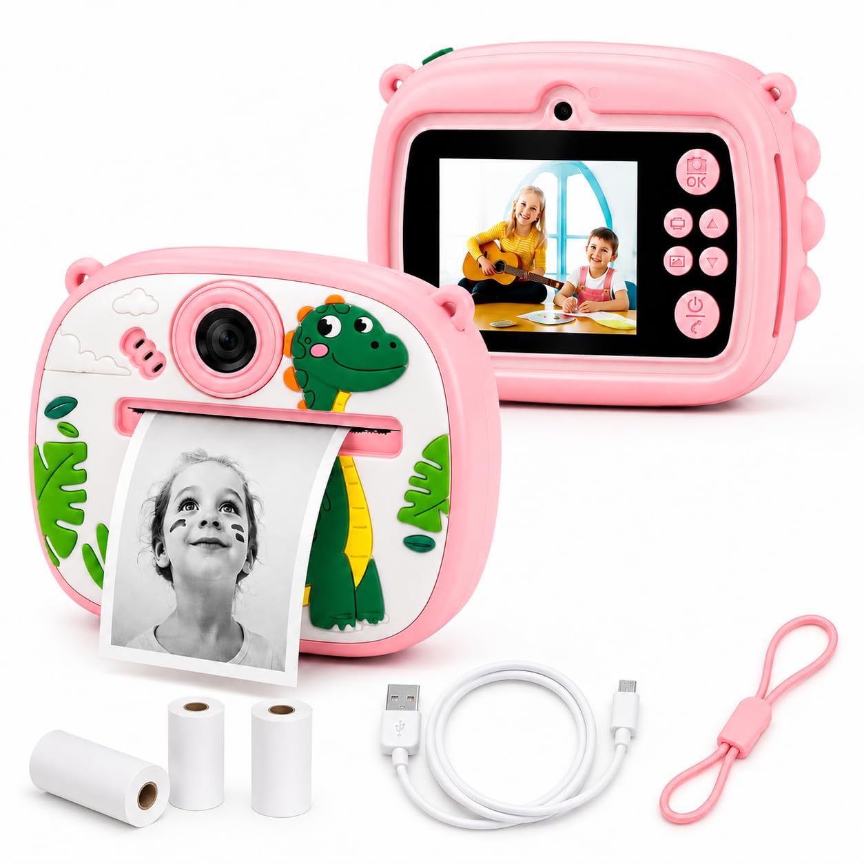 Kids Instant Print Camera for Boys & Girls, HD Digital Camera with Instant Thermal Printing, Photo & Video Recording, 2.4 Inch IPS Screen, USB Rechargeable, TF Card Support, Gift (Pink Dinosaur)-image-47