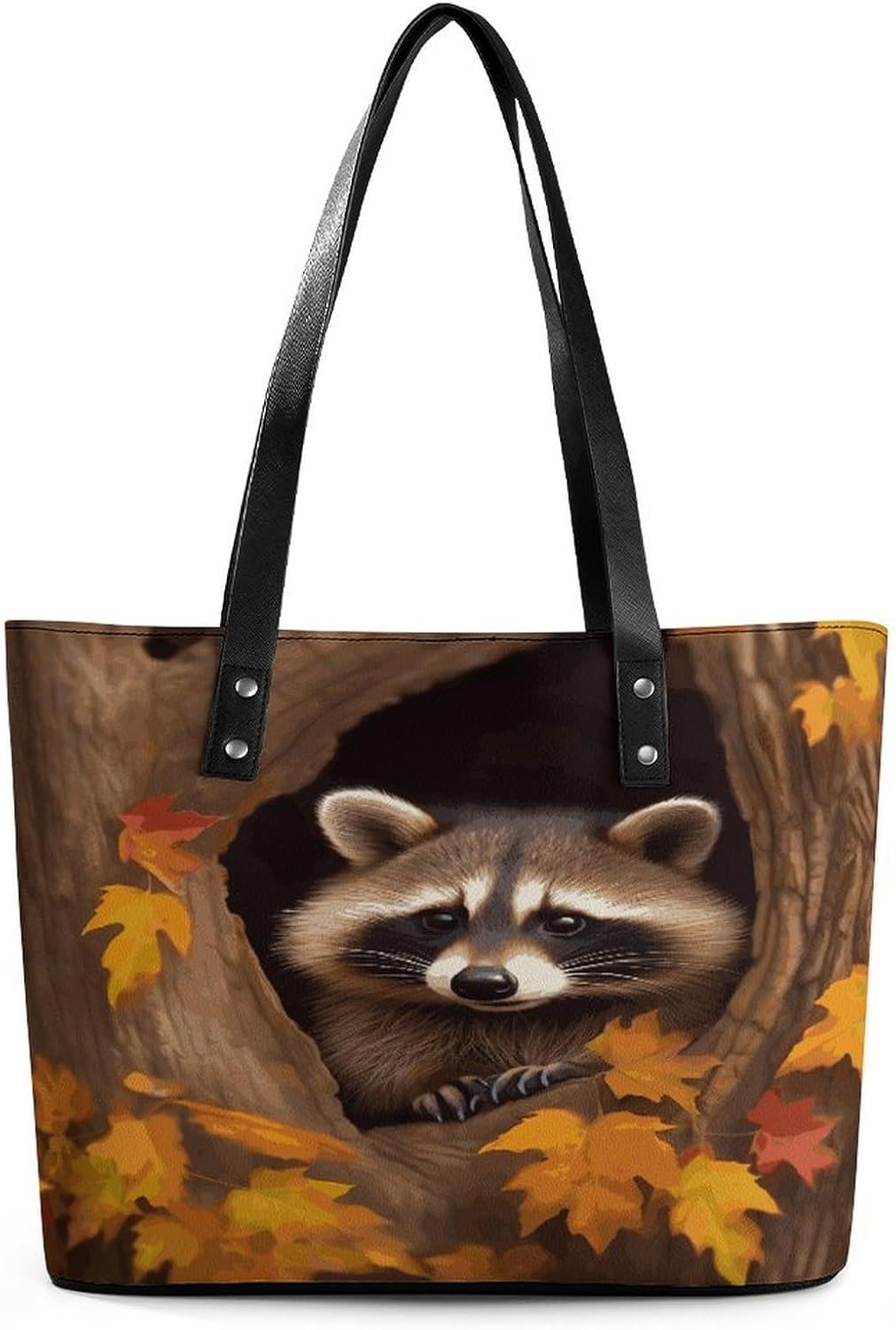 Raccoon in The Fall Tree Hole Handbag for Women Leather Tote Bag Exquisite Satchel Bags Ladies Casual Work Handbag Bucket Purse Fashion Top Handle Bag Large Capacity Weekender Hobo Bags