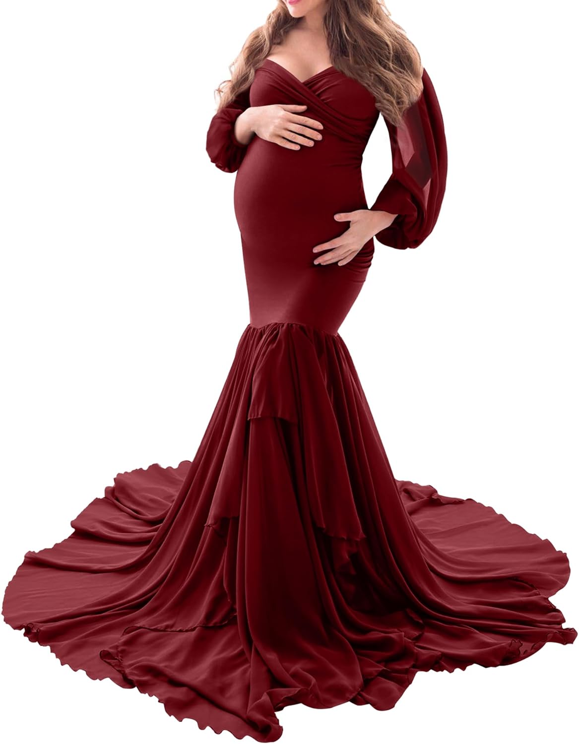 Saslax Long Chiffon Sleeve Tired Mermaid Maternity Dress for Photoshoot Photography Baby Shower - Image 9