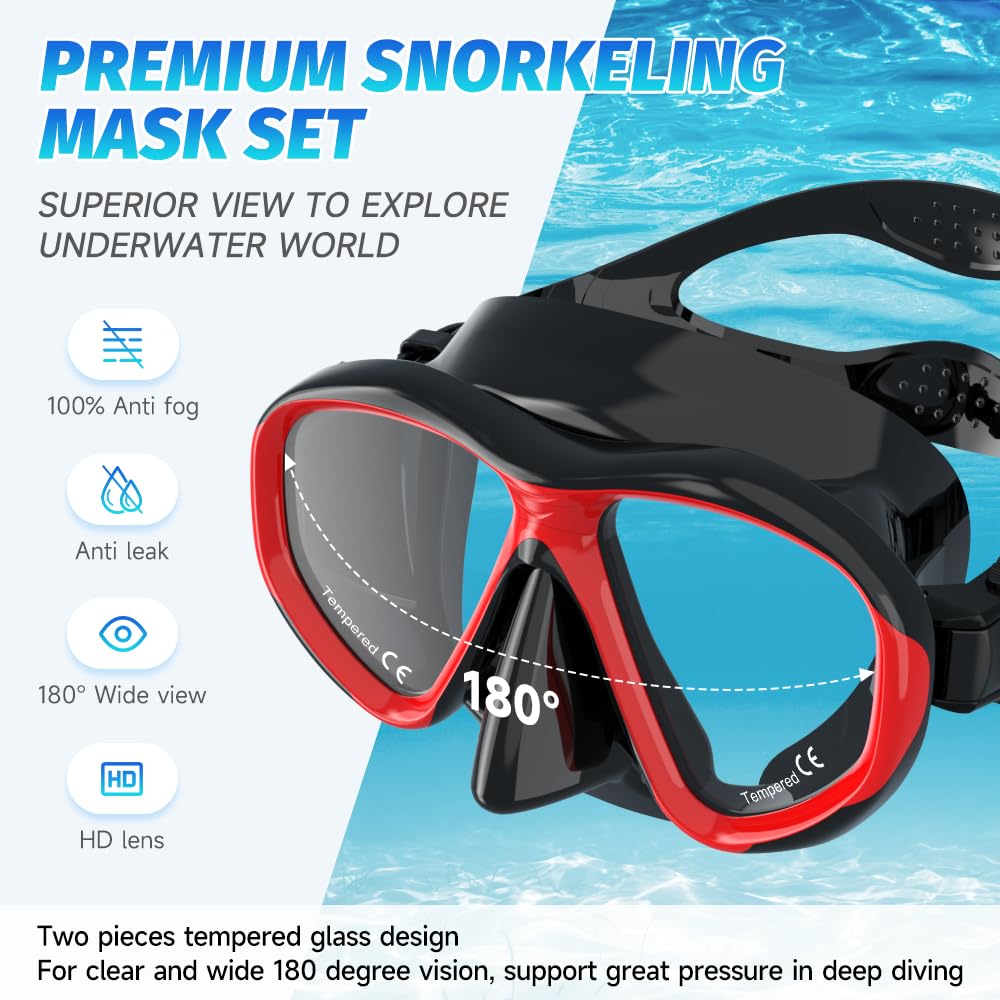 Findway Masque de Plongée Adulte, Kit Plongée Snorkling pour Femme Homme Ensemble Masque Plongée en Verre Trempé Large Vue, Anti-Fuite, Anti UV