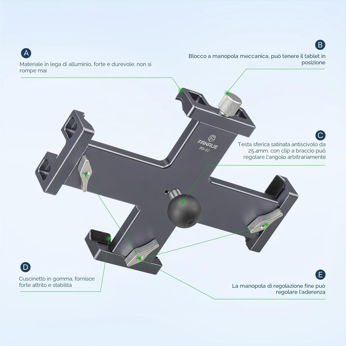 FANAUE Supporto in metallo per iPad con adattatore a sfera da 1 pollici, girevole a 360°, adatto per parabrezza, cruscotto o scrivania, per tutti i tablet da 8 a 12,9"